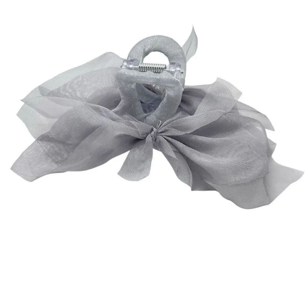 Romantic Grey Tulle Bow Hair Claw Clip – Soft Chiffon Mesh Hair Accessory